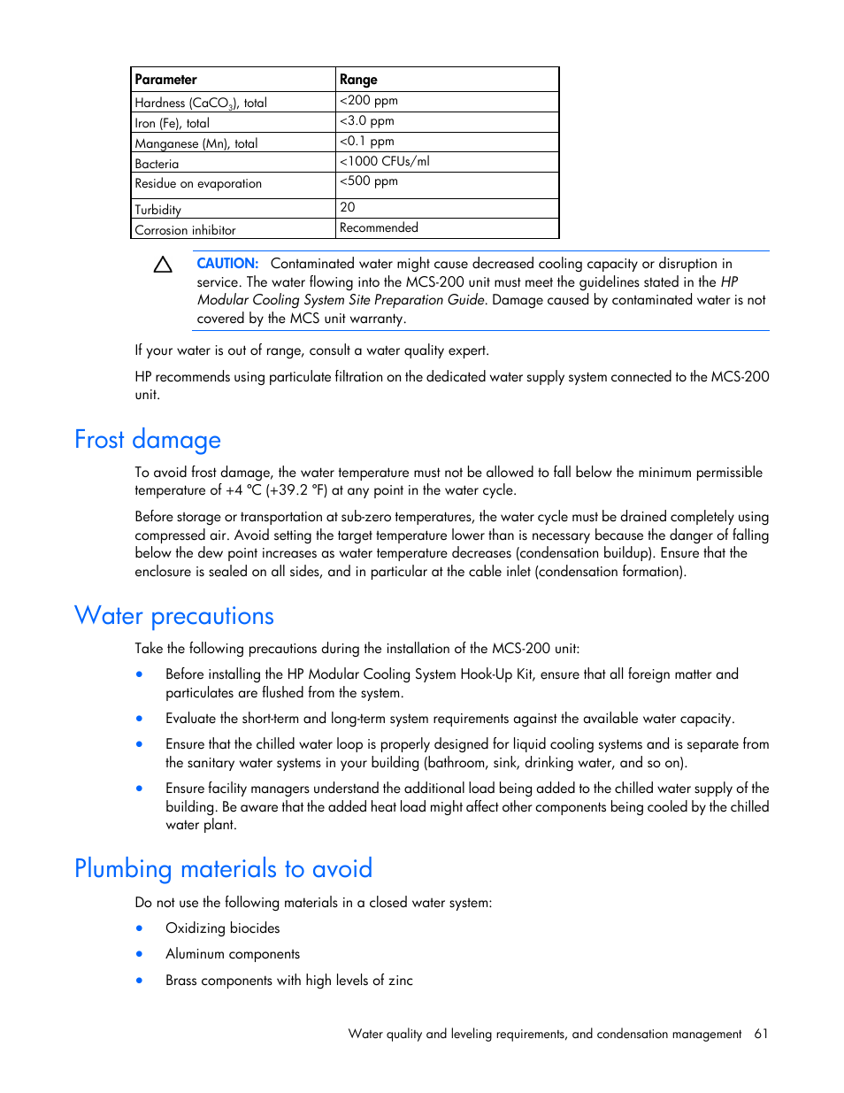 Frost damage, Water precautions, Plumbing materials to avoid | HP Modular Cooling System User Manual | Page 61 / 75