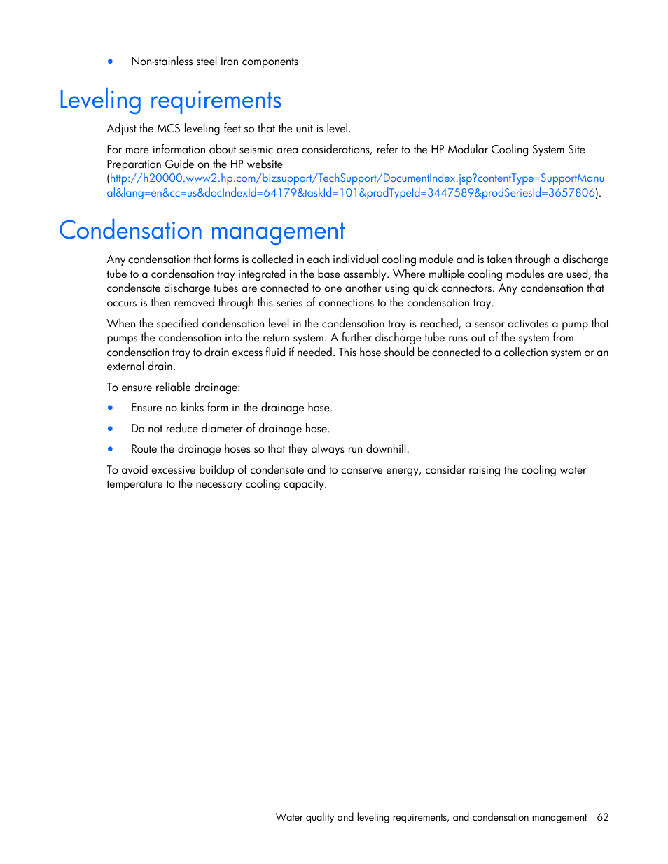 Leveling requirements, Condensation management | HP Modular Cooling System User Manual | Page 62 / 75