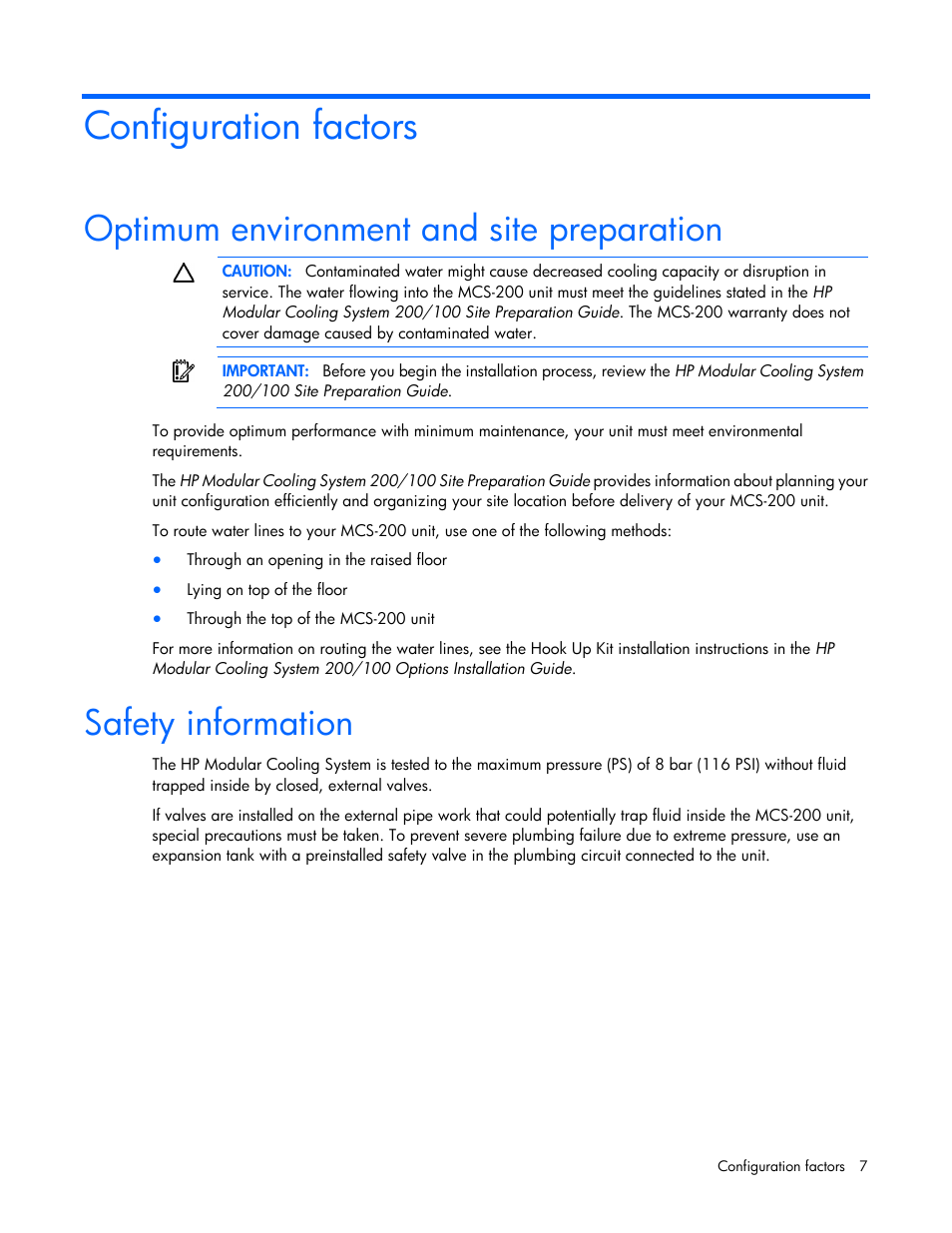 Configuration factors, Optimum environment and site preparation, Safety information | HP Modular Cooling System User Manual | Page 7 / 75