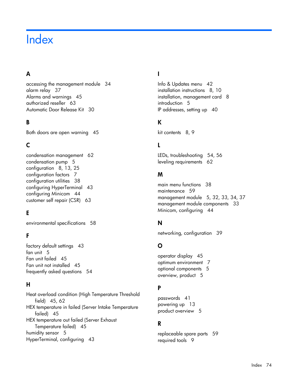 Index | HP Modular Cooling System User Manual | Page 74 / 75