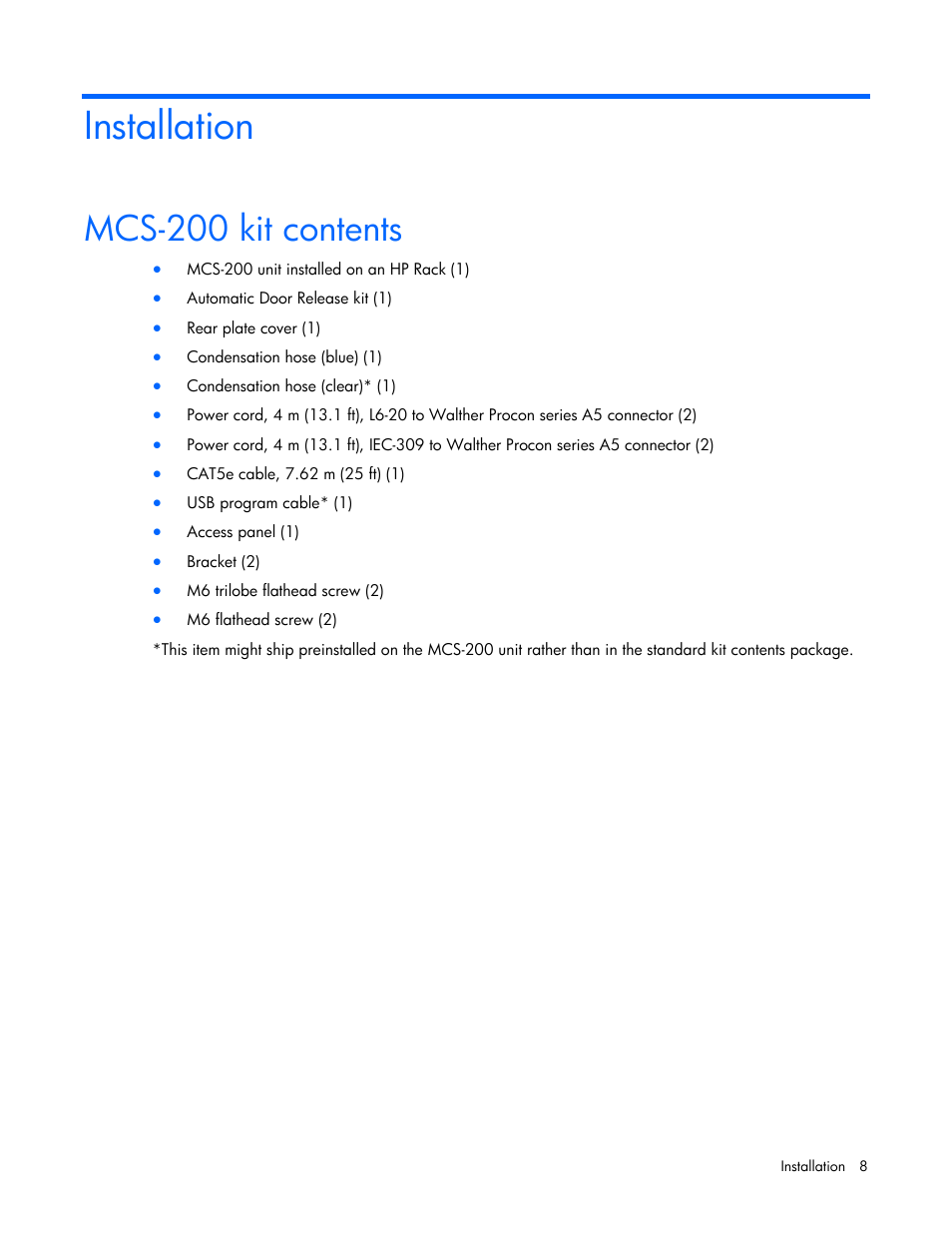 Installation, Mcs-200 kit contents | HP Modular Cooling System User Manual | Page 8 / 75