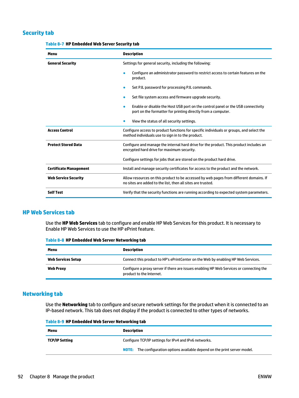 Security tab, Hp web services tab, Networking tab | Security tab hp web services tab | HP Officejet Enterprise Color X585 Multifunction Printer series User Manual | Page 102 / 172