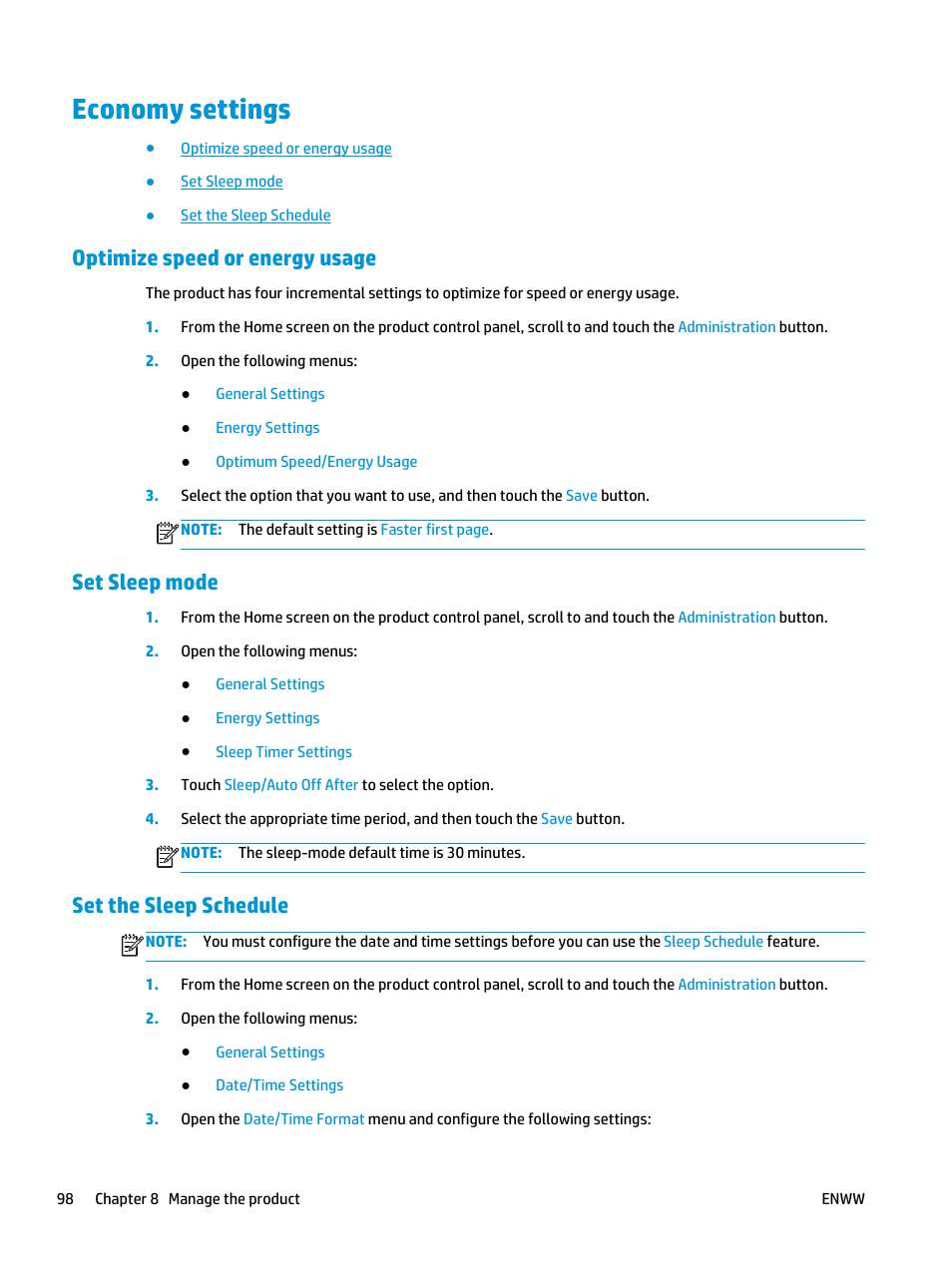 Economy settings, Optimize speed or energy usage, Set sleep mode | Set the sleep schedule | HP Officejet Enterprise Color X585 Multifunction Printer series User Manual | Page 108 / 172