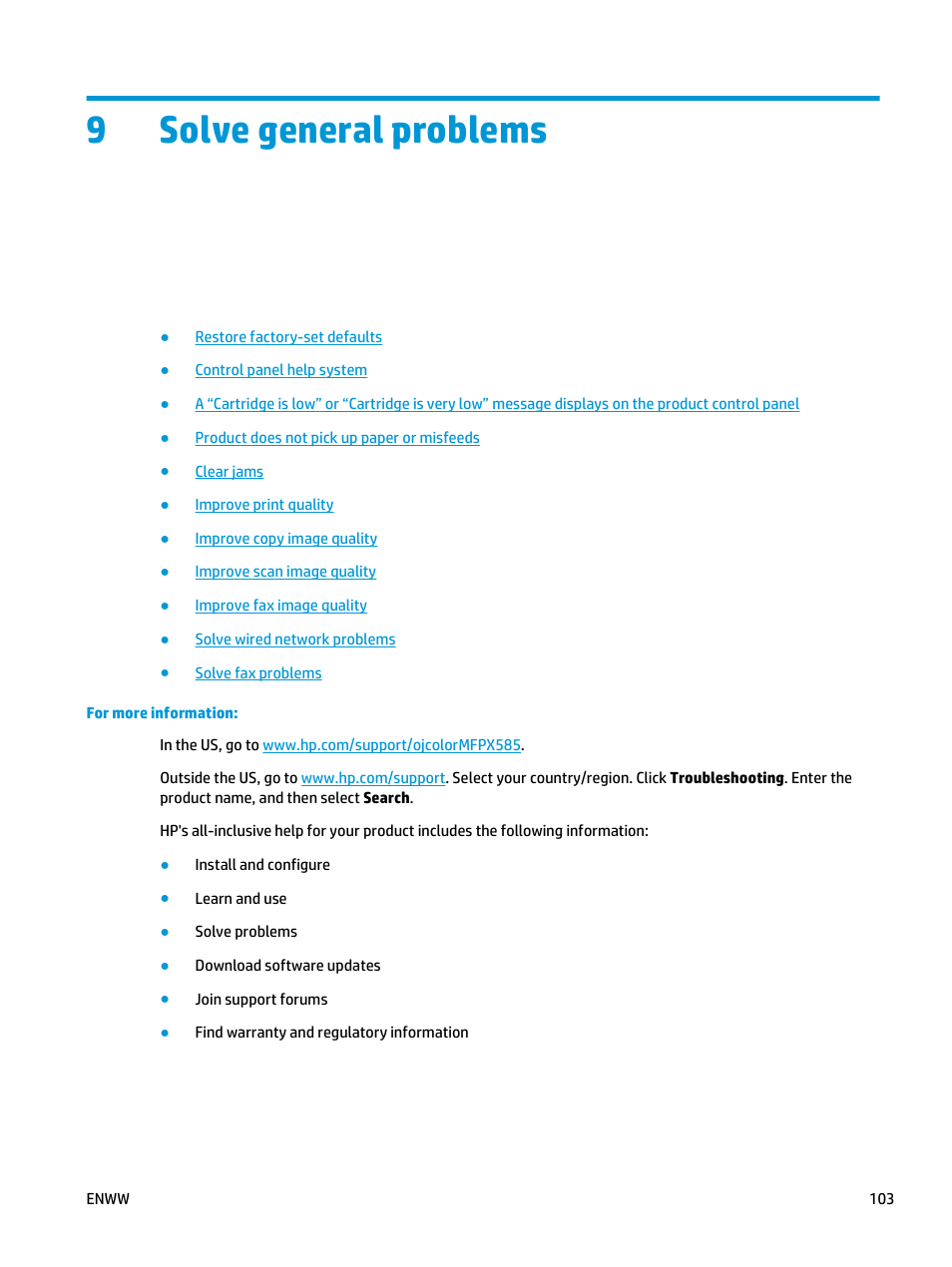 Solve general problems, 9 solve general problems, 9solve general problems | HP Officejet Enterprise Color X585 Multifunction Printer series User Manual | Page 113 / 172