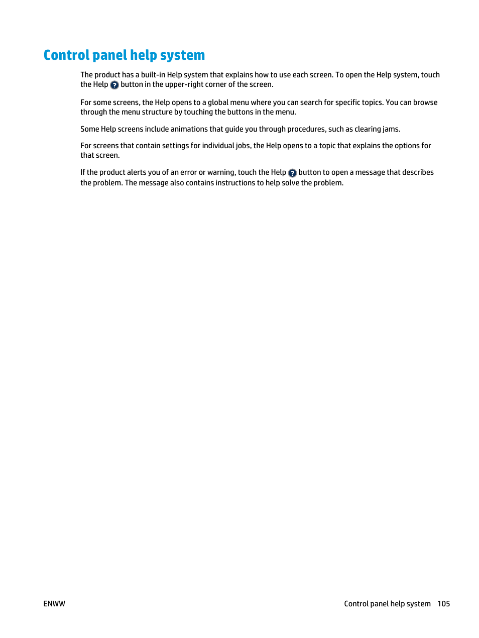 Control panel help system | HP Officejet Enterprise Color X585 Multifunction Printer series User Manual | Page 115 / 172