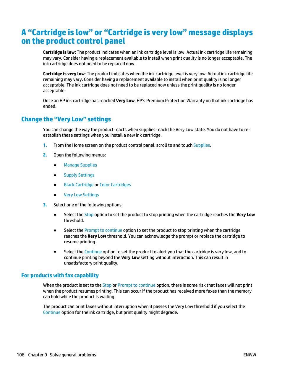 Change the “very low” settings, For products with fax capability | HP Officejet Enterprise Color X585 Multifunction Printer series User Manual | Page 116 / 172