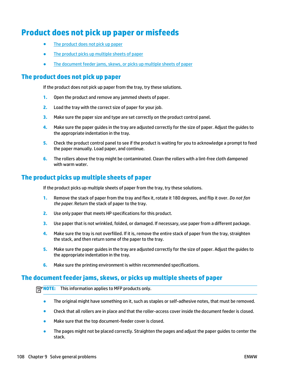 Product does not pick up paper or misfeeds, The product does not pick up paper, The product picks up multiple sheets of paper | HP Officejet Enterprise Color X585 Multifunction Printer series User Manual | Page 118 / 172