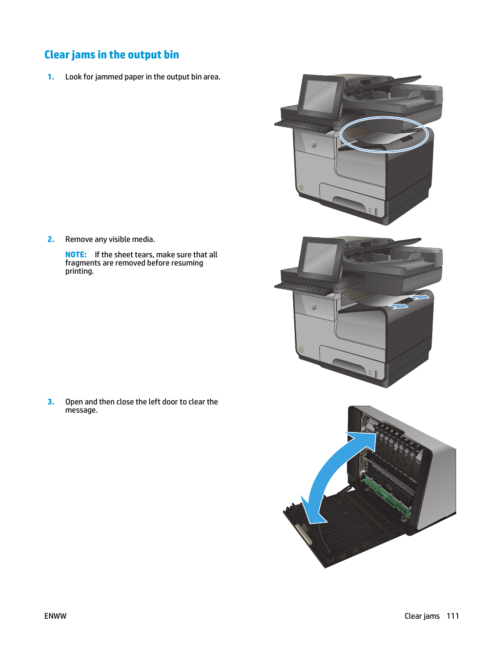 Clear jams in the output bin | HP Officejet Enterprise Color X585 Multifunction Printer series User Manual | Page 121 / 172