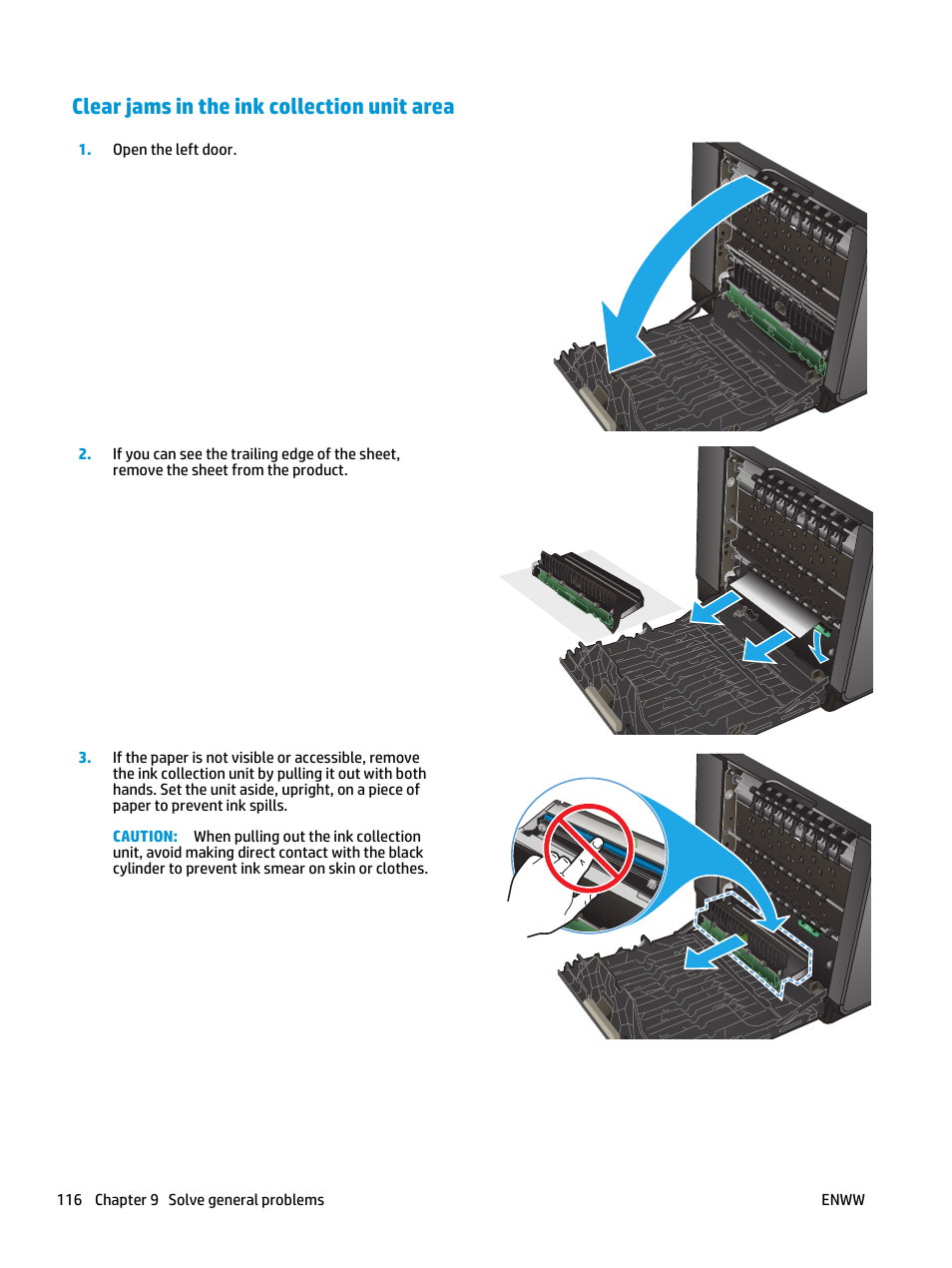 Clear jams in the ink collection unit area | HP Officejet Enterprise Color X585 Multifunction Printer series User Manual | Page 126 / 172