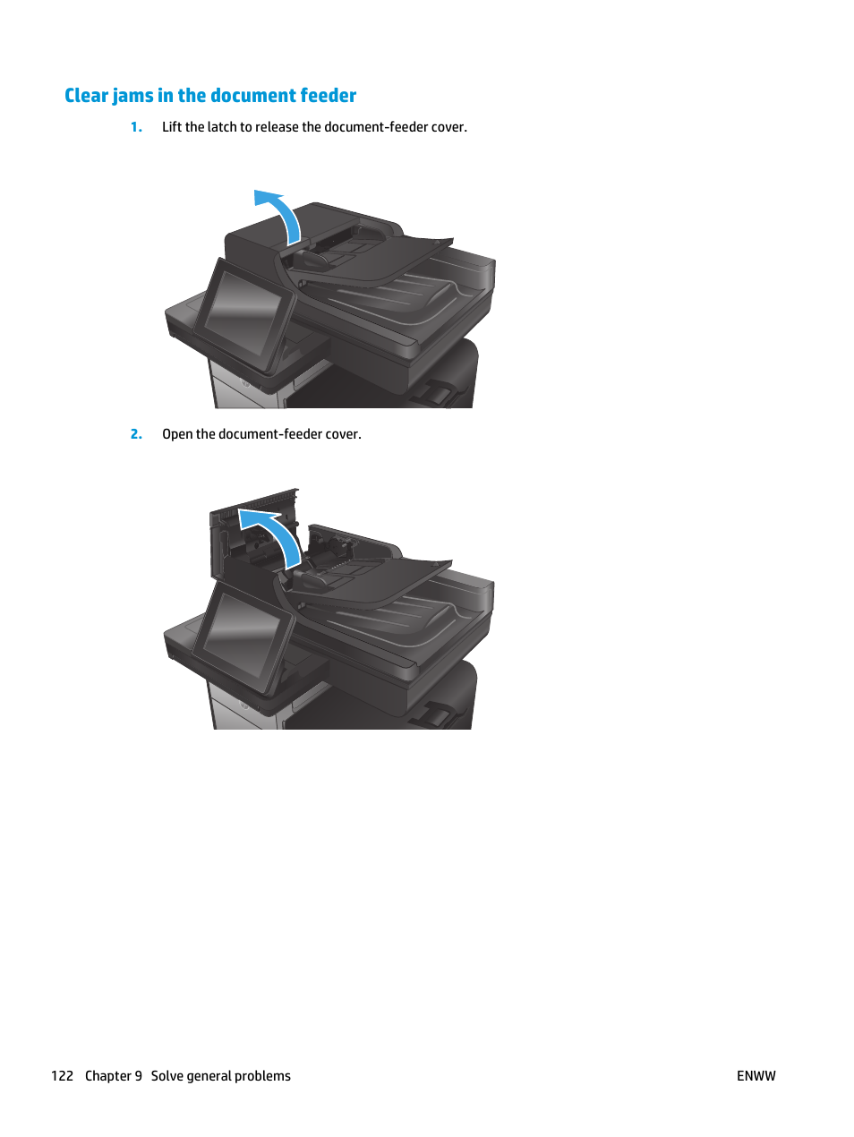 Clear jams in the document feeder | HP Officejet Enterprise Color X585 Multifunction Printer series User Manual | Page 132 / 172