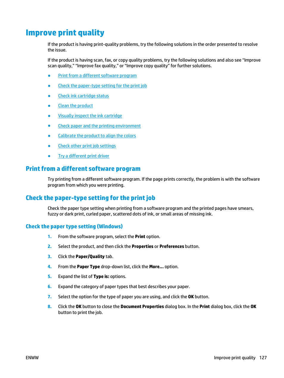 Improve print quality, Print from a different software program, Check the paper-type setting for the print job | Check the paper type setting (windows) | HP Officejet Enterprise Color X585 Multifunction Printer series User Manual | Page 137 / 172