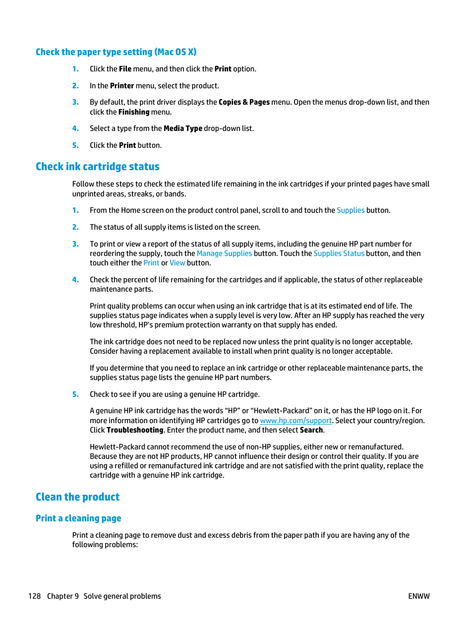 Check the paper type setting (mac os x), Check ink cartridge status, Clean the product | Check ink cartridge status clean the product | HP Officejet Enterprise Color X585 Multifunction Printer series User Manual | Page 138 / 172