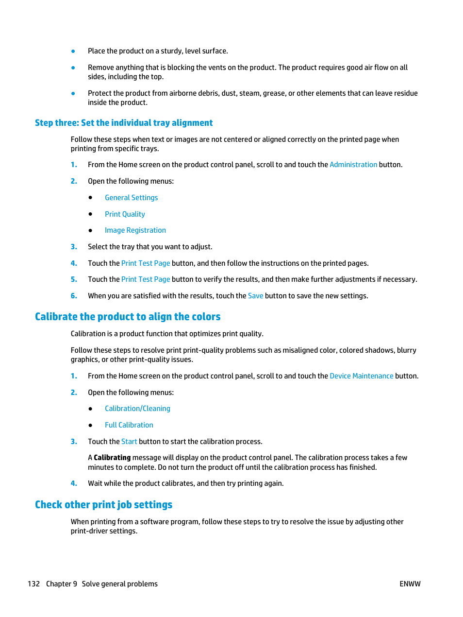 Step three: set the individual tray alignment, Calibrate the product to align the colors, Check other print job settings | HP Officejet Enterprise Color X585 Multifunction Printer series User Manual | Page 142 / 172