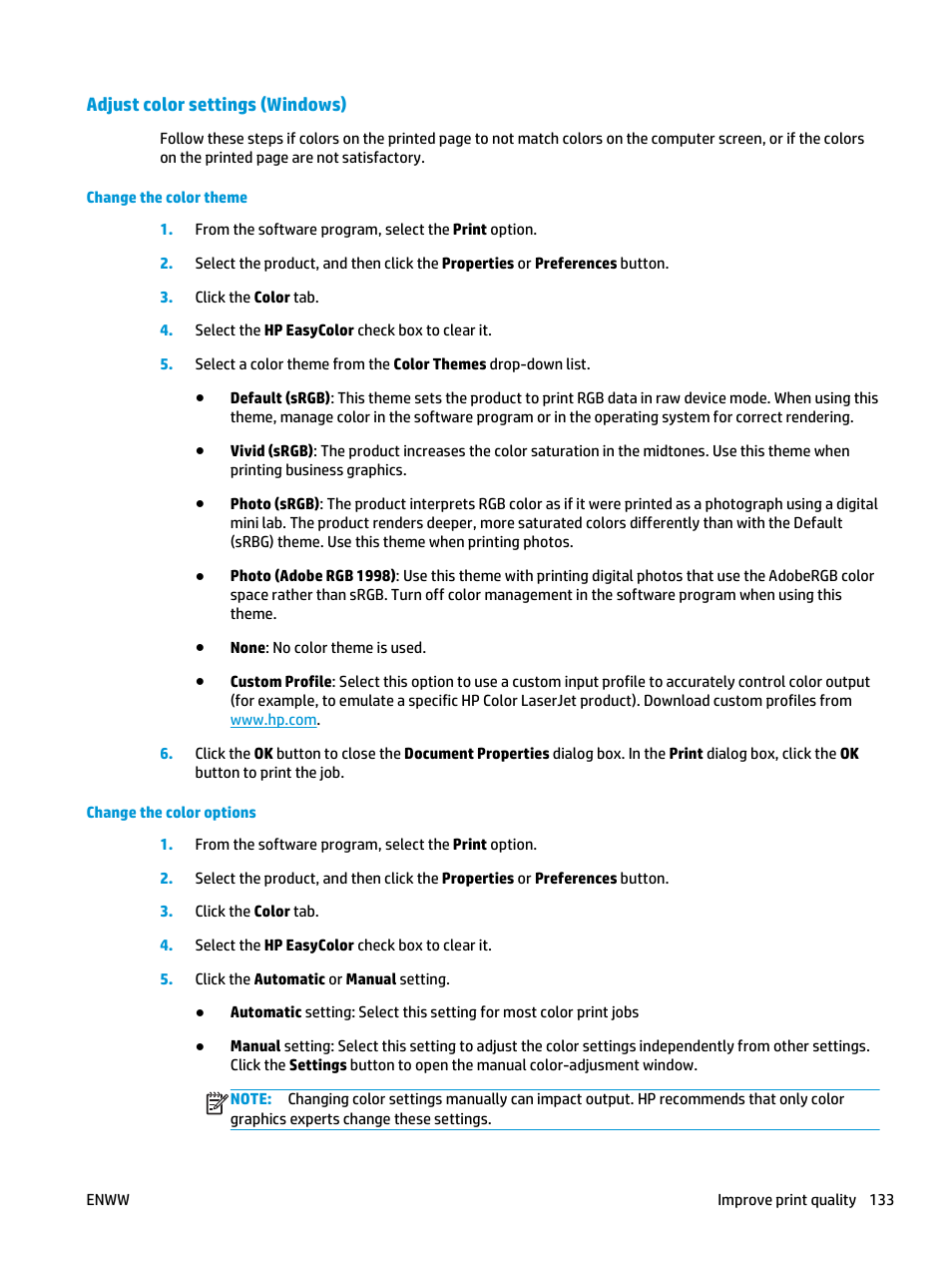 Adjust color settings (windows) | HP Officejet Enterprise Color X585 Multifunction Printer series User Manual | Page 143 / 172