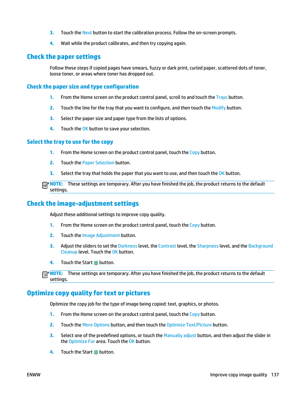 Check the paper settings, Check the paper size and type configuration, Select the tray to use for the copy | Check the image-adjustment settings, Optimize copy quality for text or pictures | HP Officejet Enterprise Color X585 Multifunction Printer series User Manual | Page 147 / 172