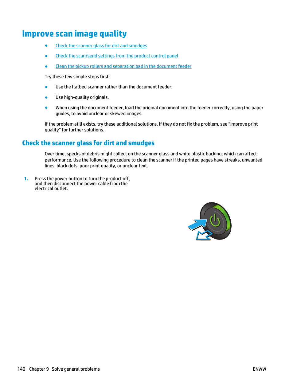 Improve scan image quality, Check the scanner glass for dirt and smudges | HP Officejet Enterprise Color X585 Multifunction Printer series User Manual | Page 150 / 172