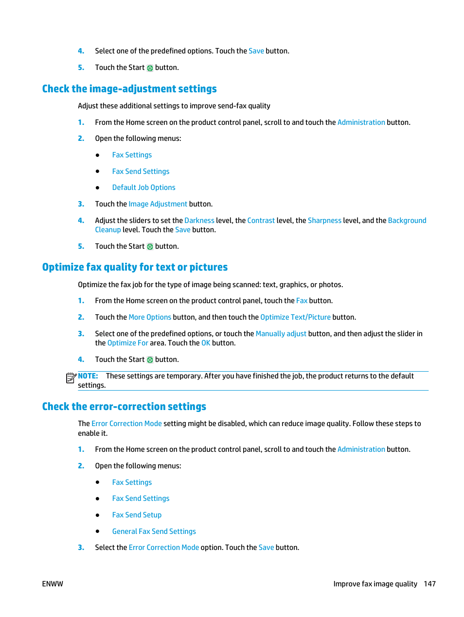Check the image-adjustment settings, Optimize fax quality for text or pictures, Check the error-correction settings | HP Officejet Enterprise Color X585 Multifunction Printer series User Manual | Page 157 / 172