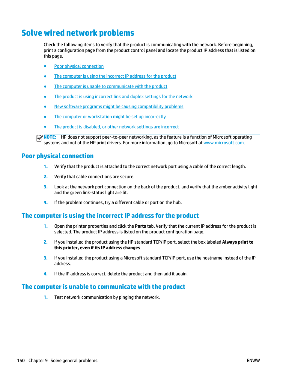 Solve wired network problems, Poor physical connection | HP Officejet Enterprise Color X585 Multifunction Printer series User Manual | Page 160 / 172