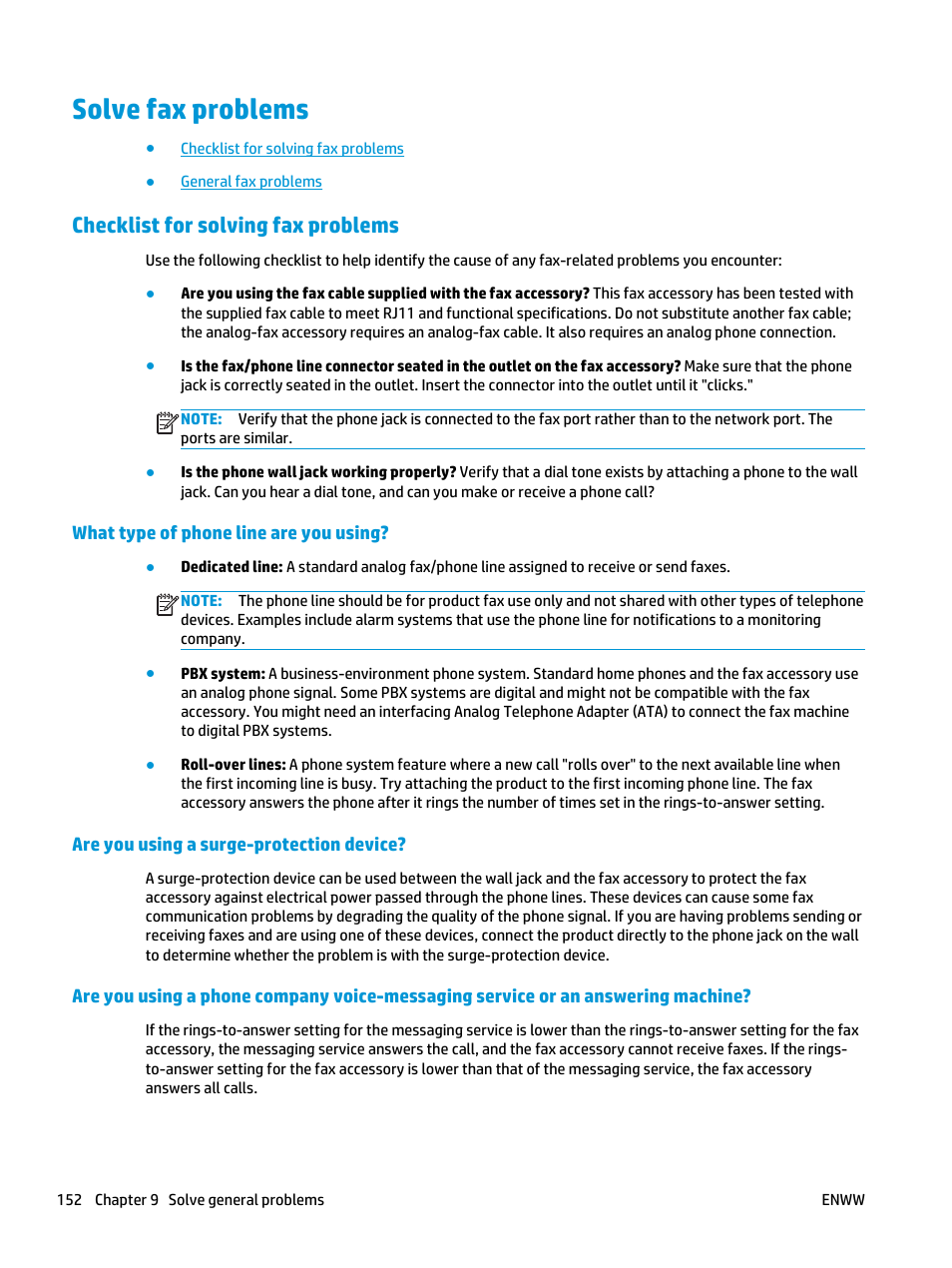 Solve fax problems, Checklist for solving fax problems, What type of phone line are you using | Are you using a surge-protection device | HP Officejet Enterprise Color X585 Multifunction Printer series User Manual | Page 162 / 172