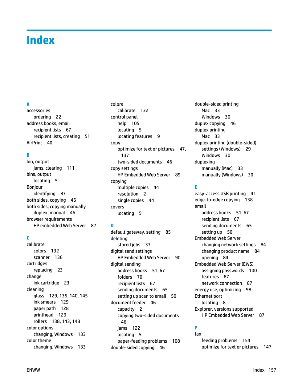 Index | HP Officejet Enterprise Color X585 Multifunction Printer series User Manual | Page 167 / 172