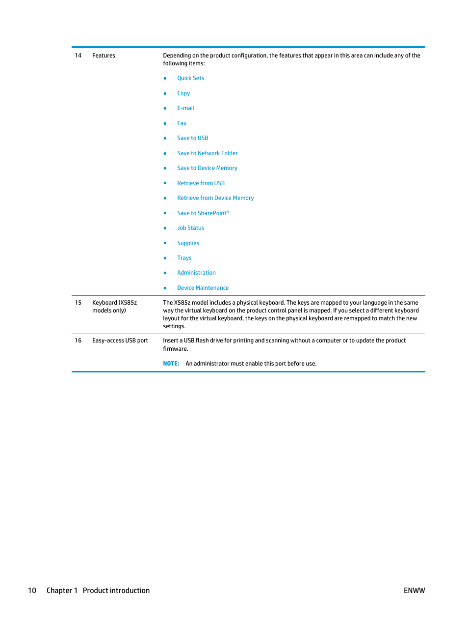 10 chapter 1 product introduction enww | HP Officejet Enterprise Color X585 Multifunction Printer series User Manual | Page 20 / 172