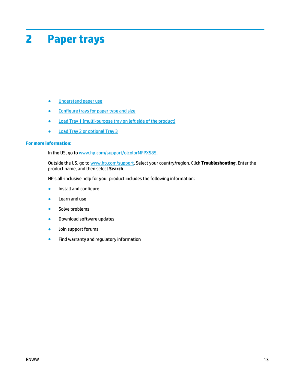 Paper trays, 2 paper trays, 2paper trays | HP Officejet Enterprise Color X585 Multifunction Printer series User Manual | Page 23 / 172