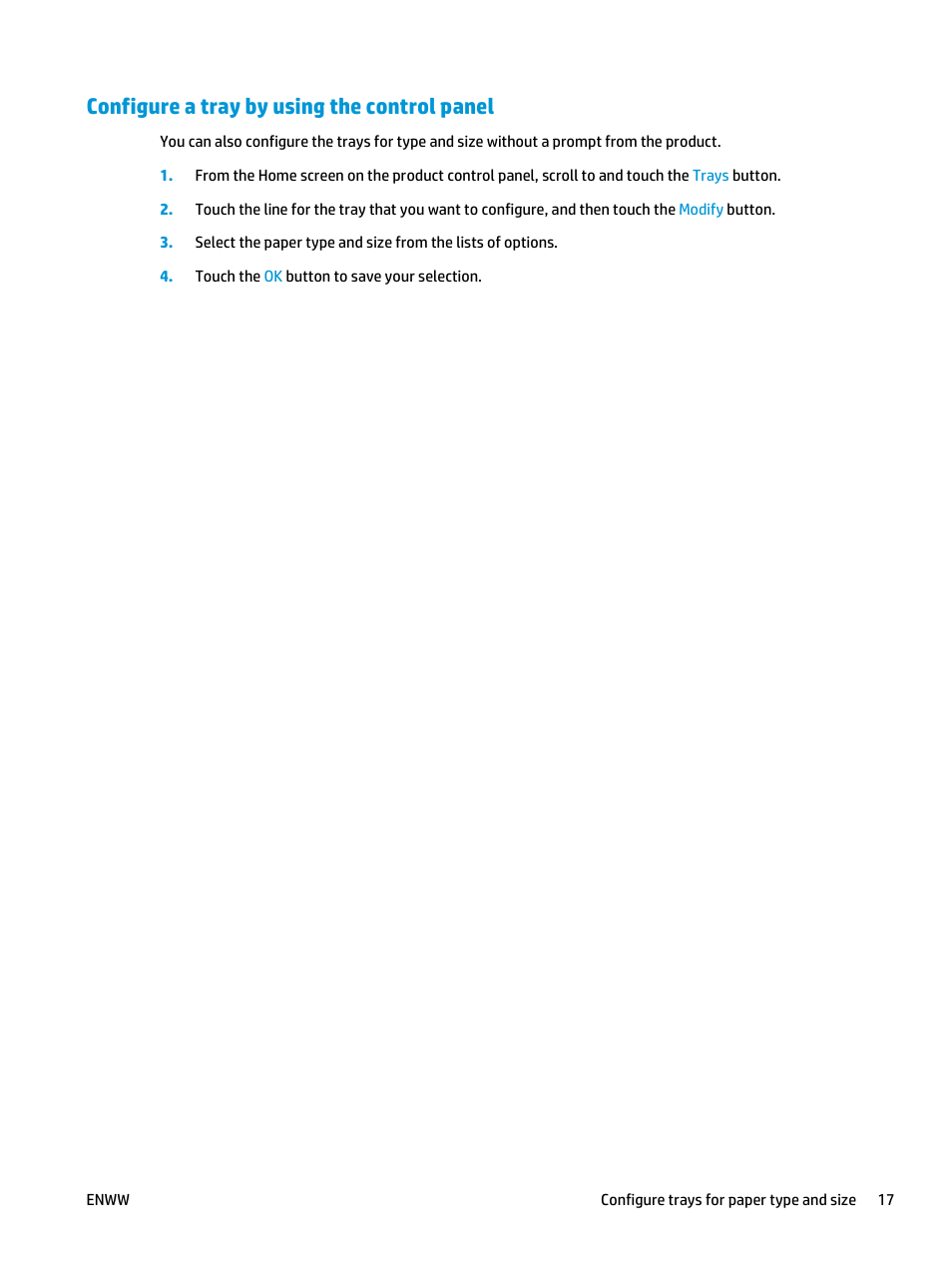Configure a tray by using the control panel | HP Officejet Enterprise Color X585 Multifunction Printer series User Manual | Page 27 / 172