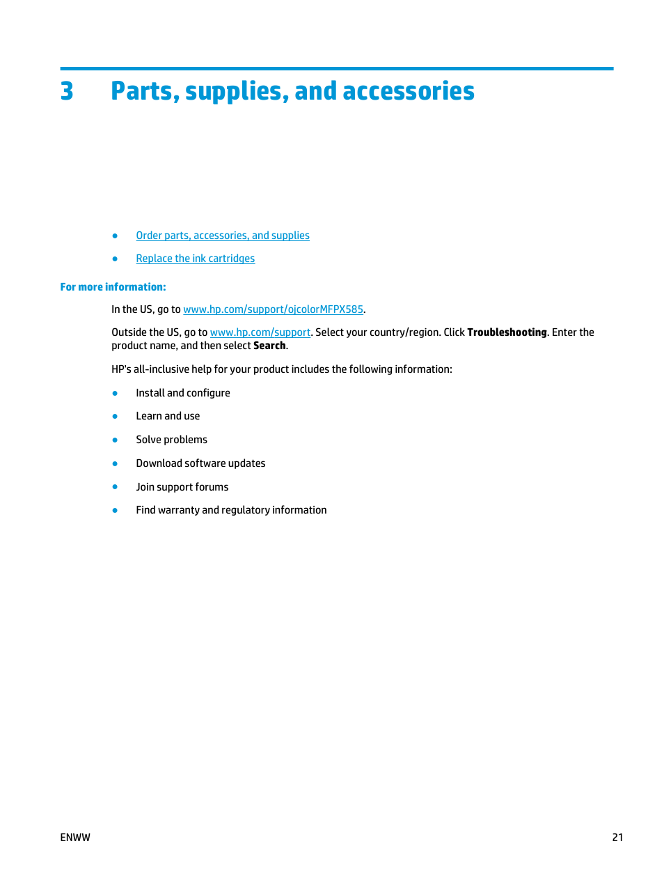 Parts, supplies, and accessories, 3 parts, supplies, and accessories, 3parts, supplies, and accessories | HP Officejet Enterprise Color X585 Multifunction Printer series User Manual | Page 31 / 172