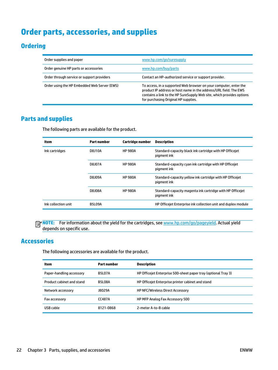 Order parts, accessories, and supplies, Ordering, Parts and supplies | Accessories, Ordering parts and supplies accessories | HP Officejet Enterprise Color X585 Multifunction Printer series User Manual | Page 32 / 172