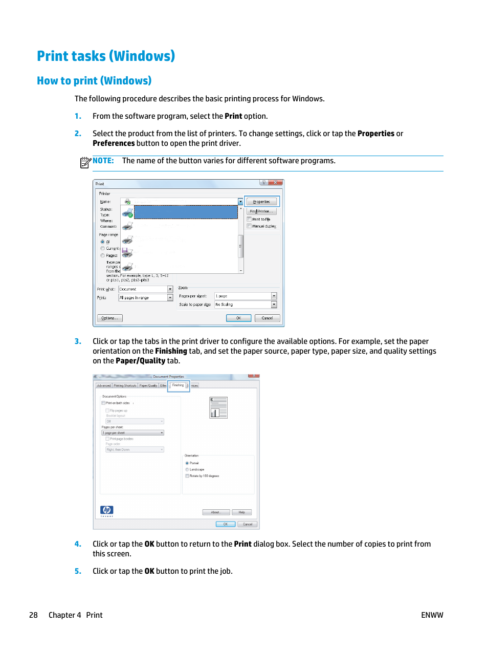 Print tasks (windows), How to print (windows) | HP Officejet Enterprise Color X585 Multifunction Printer series User Manual | Page 38 / 172