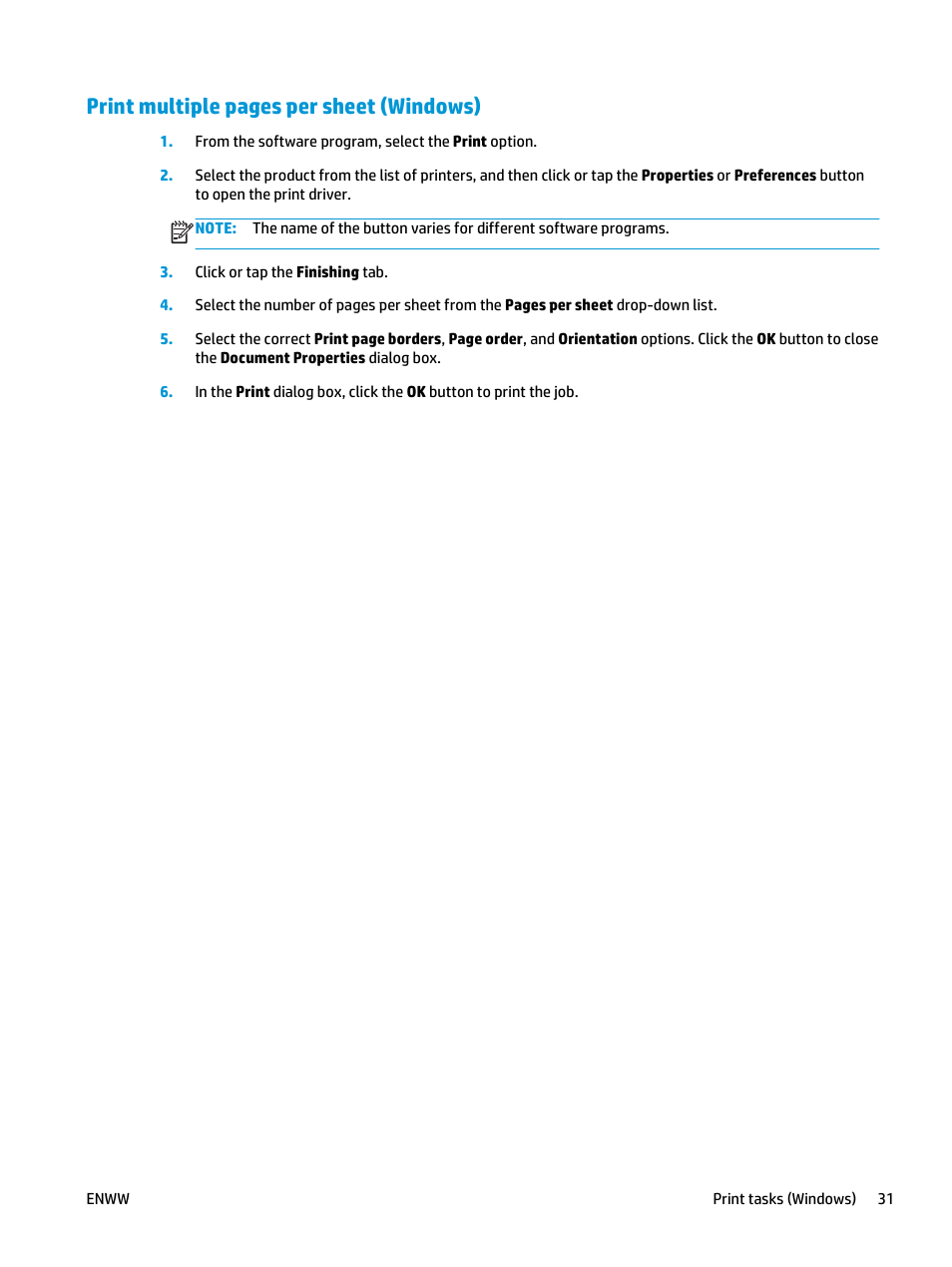 Print multiple pages per sheet (windows) | HP Officejet Enterprise Color X585 Multifunction Printer series User Manual | Page 41 / 172