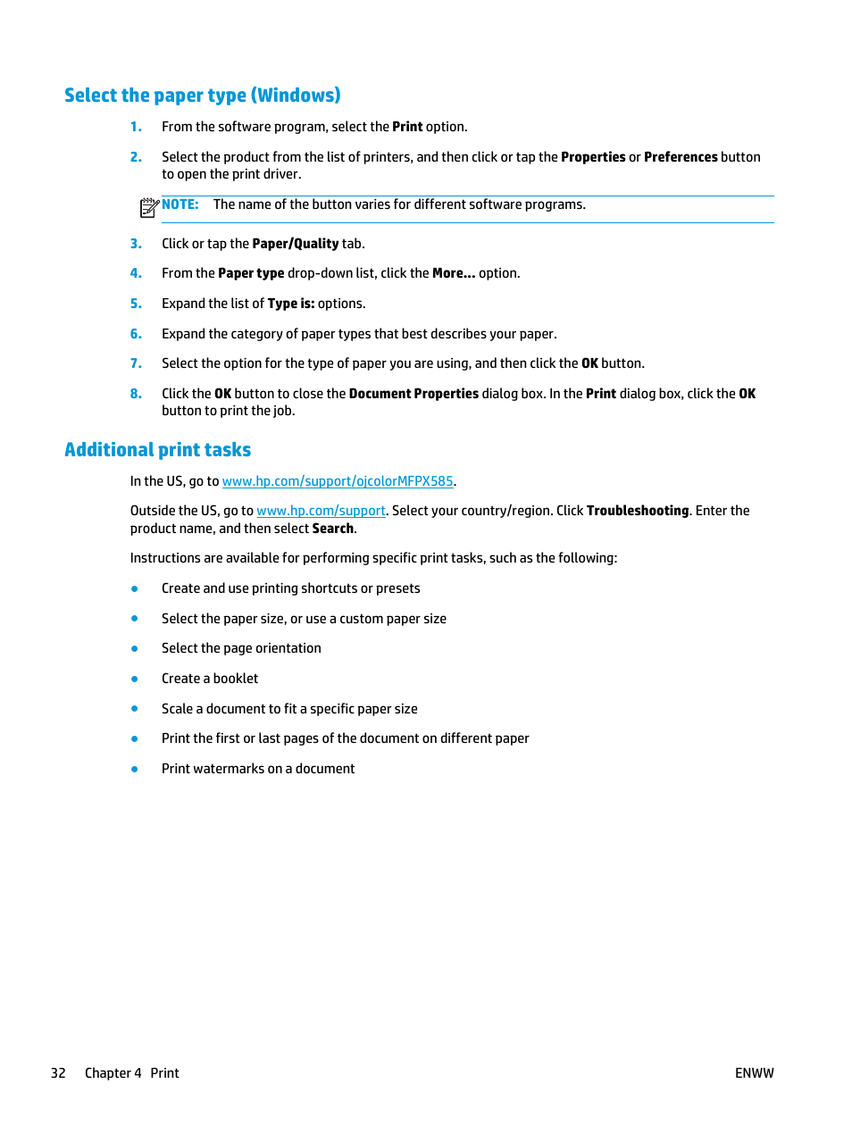 Select the paper type (windows), Additional print tasks | HP Officejet Enterprise Color X585 Multifunction Printer series User Manual | Page 42 / 172