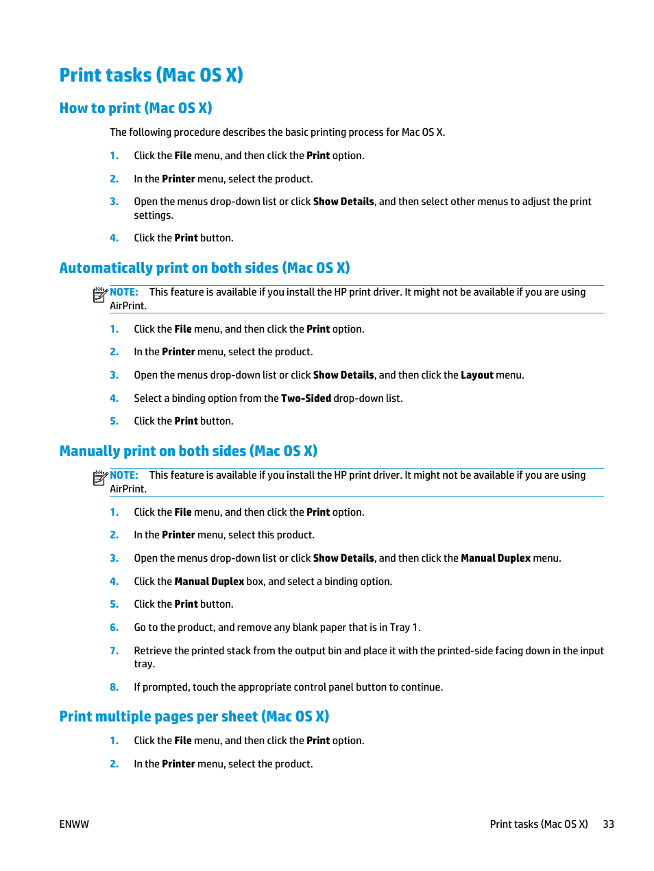 Print tasks (mac os x), How to print (mac os x), Automatically print on both sides (mac os x) | Manually print on both sides (mac os x), Print multiple pages per sheet (mac os x) | HP Officejet Enterprise Color X585 Multifunction Printer series User Manual | Page 43 / 172