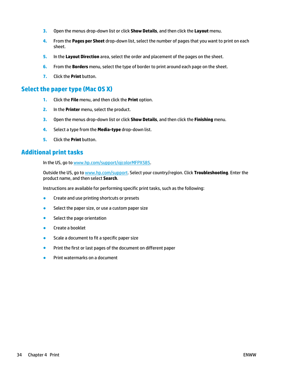 Select the paper type (mac os x), Additional print tasks | HP Officejet Enterprise Color X585 Multifunction Printer series User Manual | Page 44 / 172