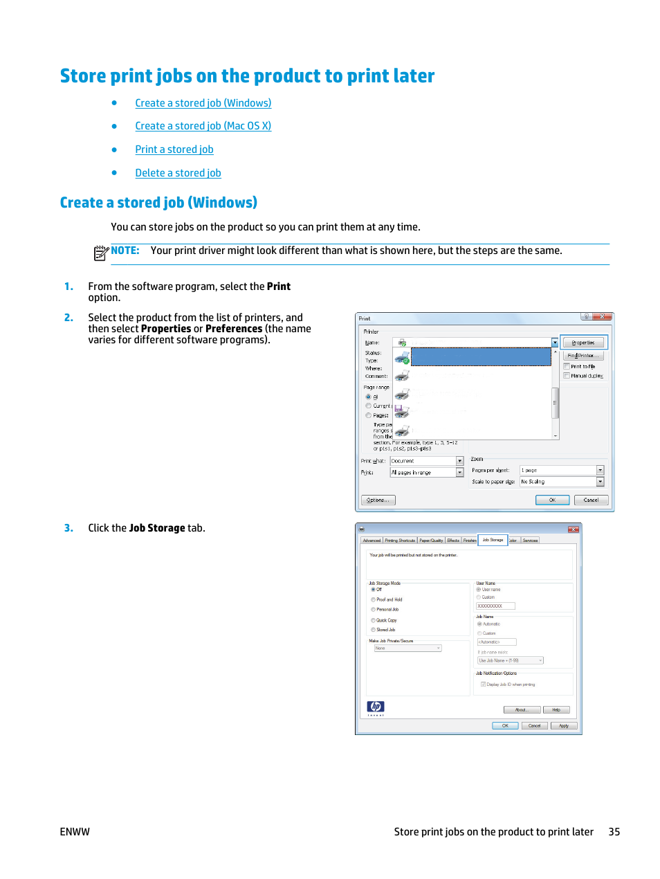 Store print jobs on the product to print later, Create a stored job (windows) | HP Officejet Enterprise Color X585 Multifunction Printer series User Manual | Page 45 / 172