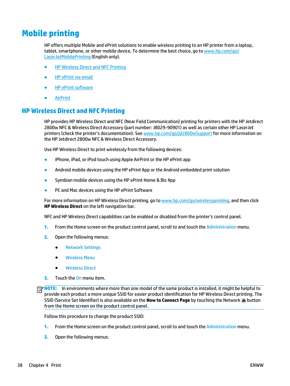 Mobile printing, Hp wireless direct and nfc printing | HP Officejet Enterprise Color X585 Multifunction Printer series User Manual | Page 48 / 172