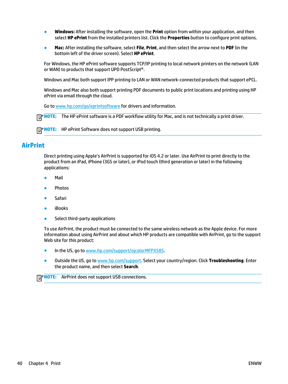 Airprint | HP Officejet Enterprise Color X585 Multifunction Printer series User Manual | Page 50 / 172