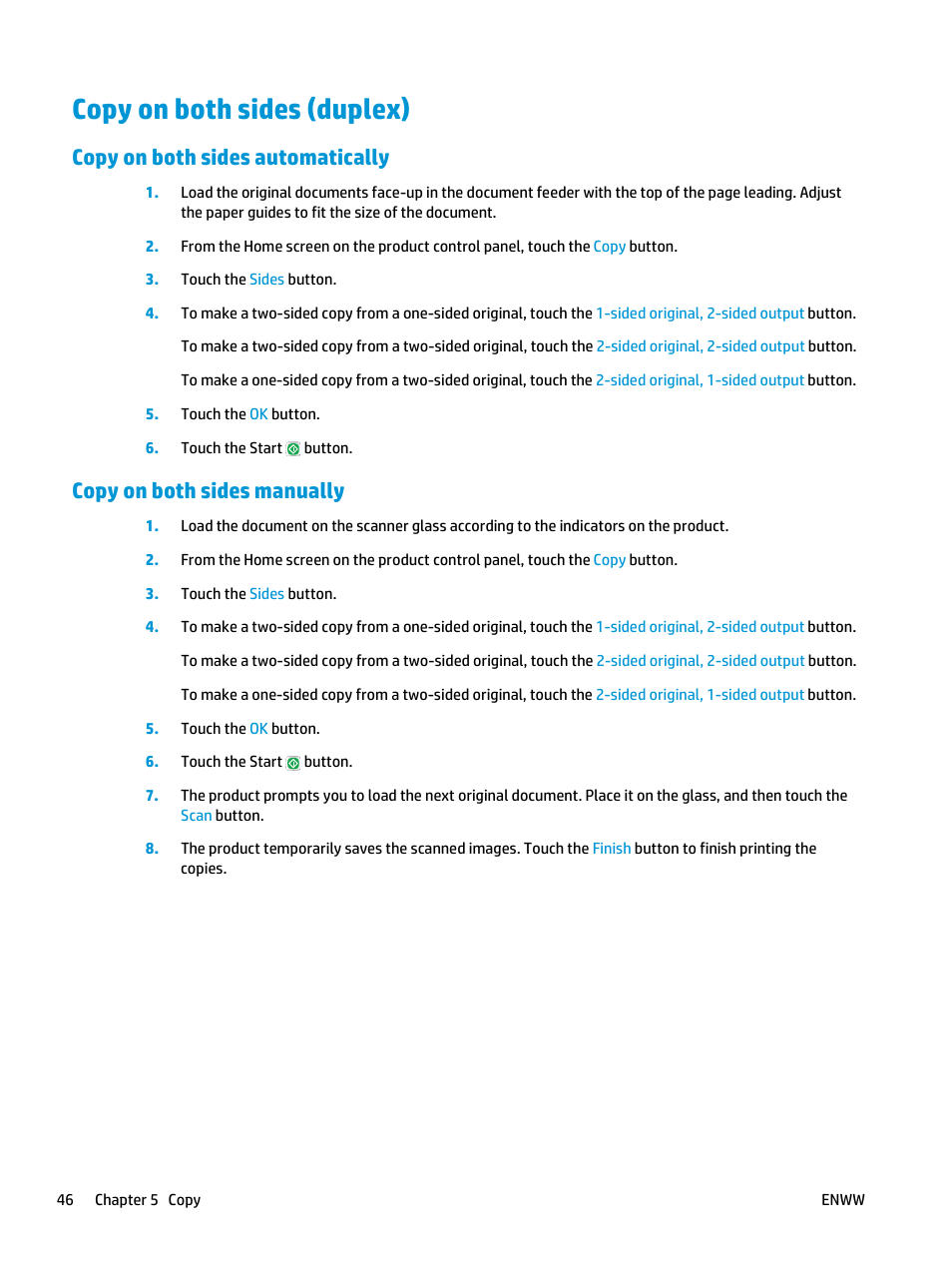 Copy on both sides (duplex), Copy on both sides automatically, Copy on both sides manually | HP Officejet Enterprise Color X585 Multifunction Printer series User Manual | Page 56 / 172