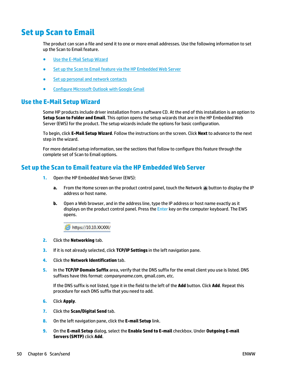 Set up scan to email, Use the e-mail setup wizard | HP Officejet Enterprise Color X585 Multifunction Printer series User Manual | Page 60 / 172