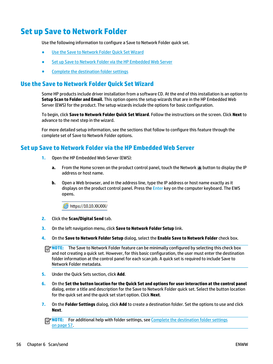 Set up save to network folder, Use the save to network folder quick set wizard | HP Officejet Enterprise Color X585 Multifunction Printer series User Manual | Page 66 / 172