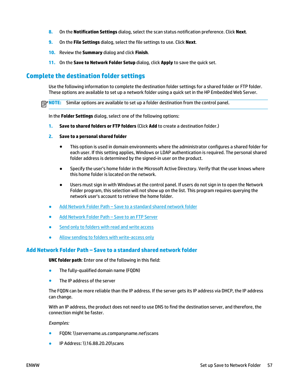 Complete the destination folder settings | HP Officejet Enterprise Color X585 Multifunction Printer series User Manual | Page 67 / 172