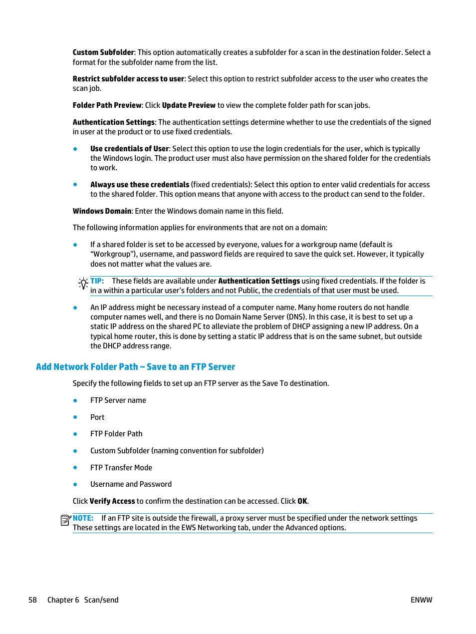 Add network folder path – save to an ftp server | HP Officejet Enterprise Color X585 Multifunction Printer series User Manual | Page 68 / 172