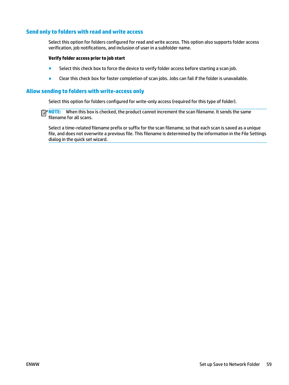 Send only to folders with read and write access, Allow sending to folders with write-access only | HP Officejet Enterprise Color X585 Multifunction Printer series User Manual | Page 69 / 172