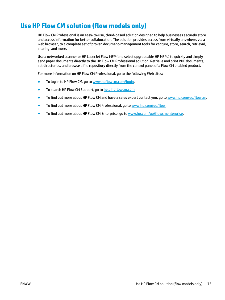 Use hp flow cm solution (flow models only) | HP Officejet Enterprise Color X585 Multifunction Printer series User Manual | Page 83 / 172