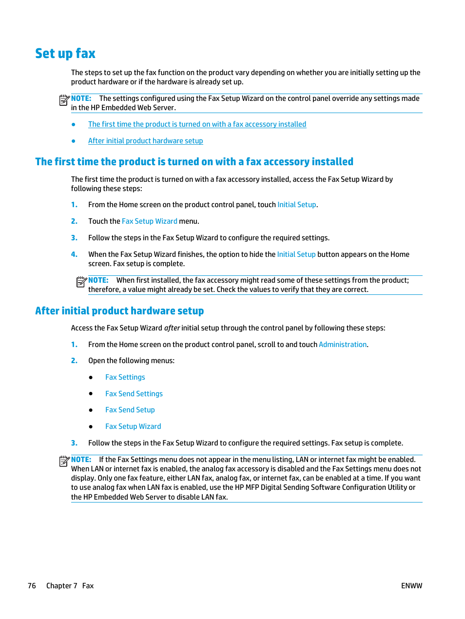Set up fax, After initial product hardware setup | HP Officejet Enterprise Color X585 Multifunction Printer series User Manual | Page 86 / 172