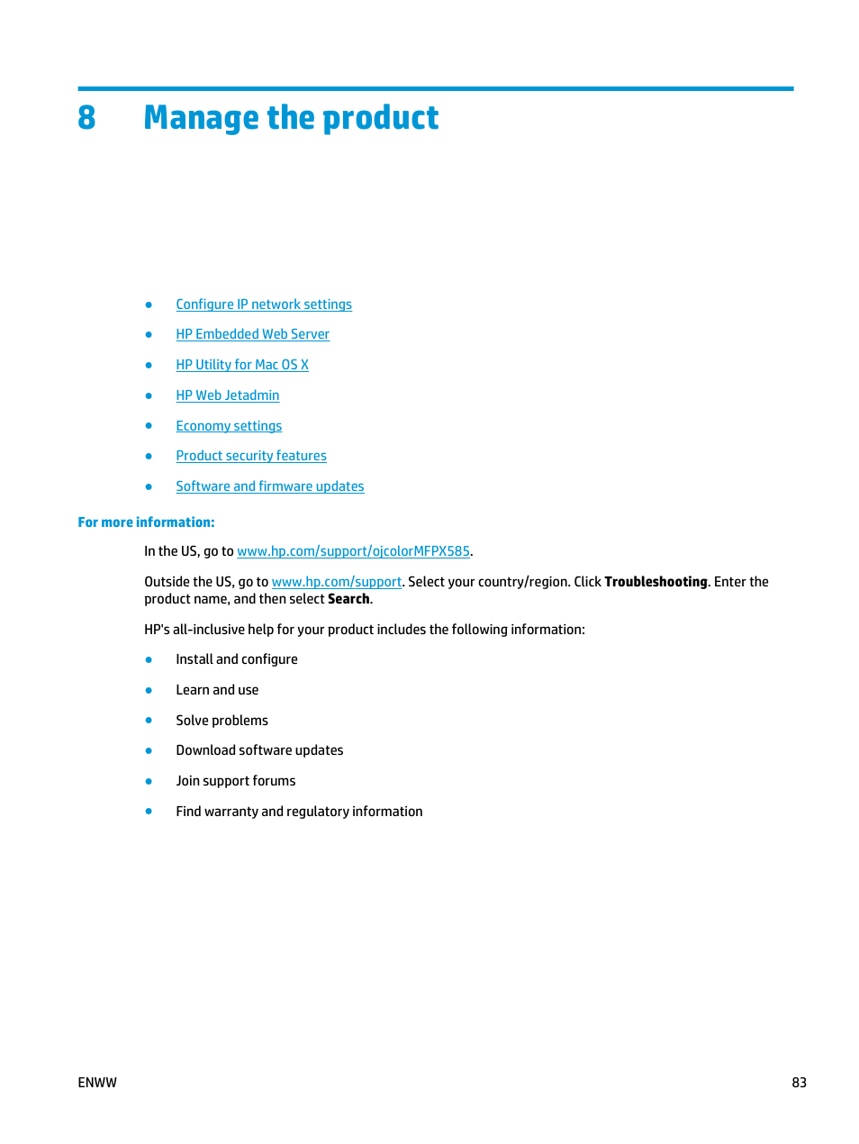 Manage the product, 8 manage the product, 8manage the product | HP Officejet Enterprise Color X585 Multifunction Printer series User Manual | Page 93 / 172