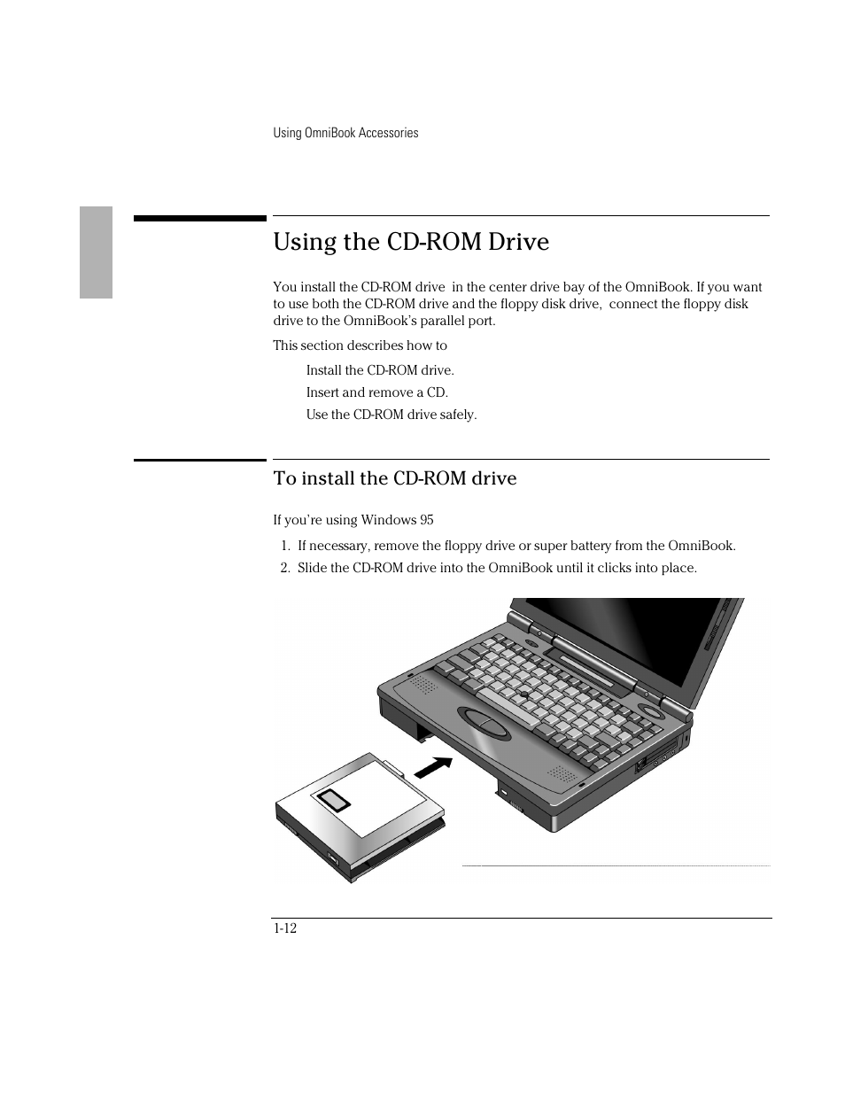Using the cd-rom drive | HP OmniBook 2000 Notebook PC User Manual | Page 12 / 40