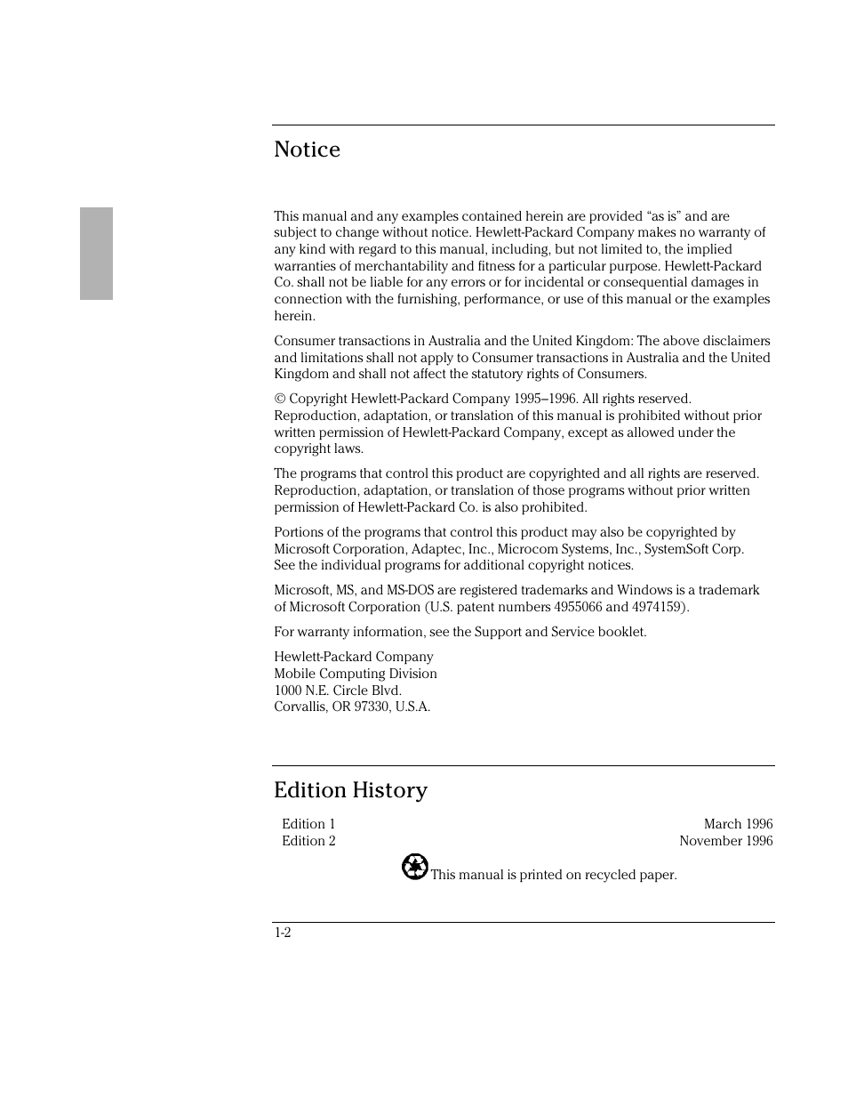 Notice, Edition history | HP OmniBook 2000 Notebook PC User Manual | Page 2 / 40