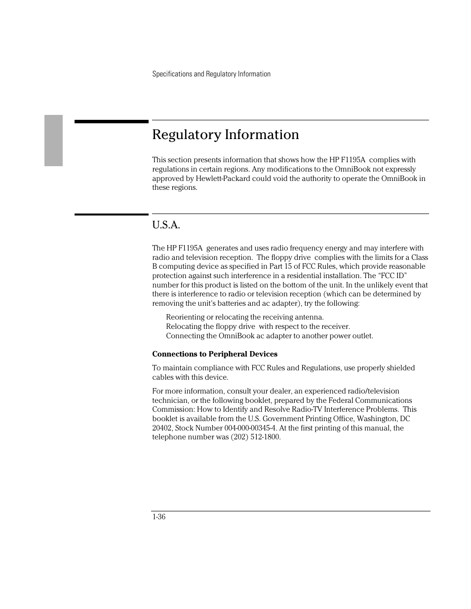 Regulatory information, U.s.a | HP OmniBook 2000 Notebook PC User Manual | Page 36 / 40