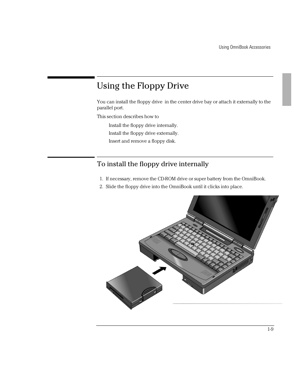 Using the floppy drive | HP OmniBook 2000 Notebook PC User Manual | Page 9 / 40